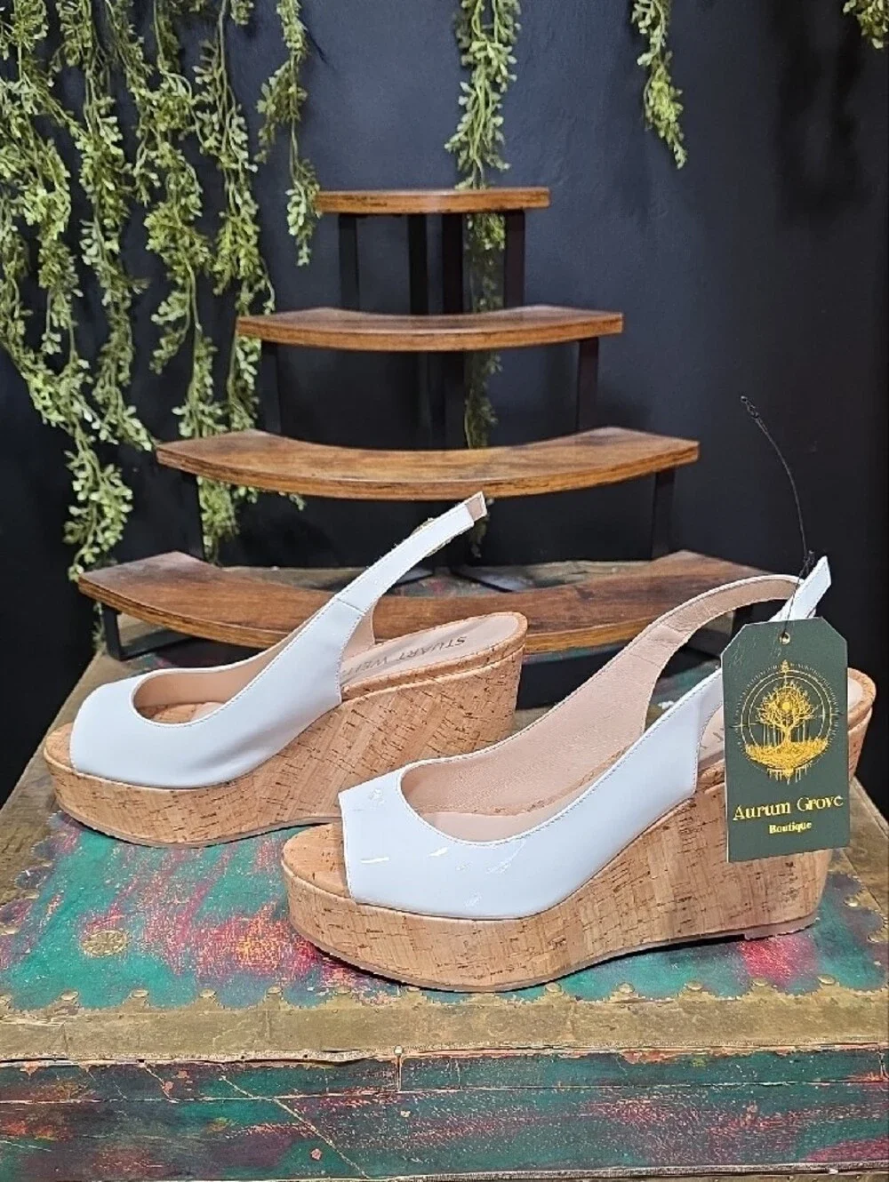 Stuart Weitzman White Cork Wedge Slingback Sandals